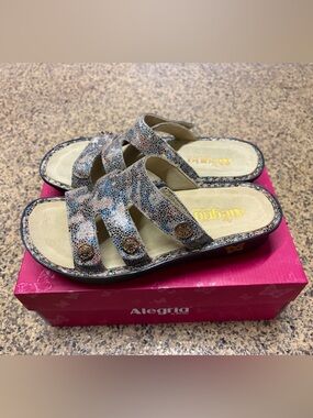 Alegria Metallic Multicolor Strappy Slide Sandals
